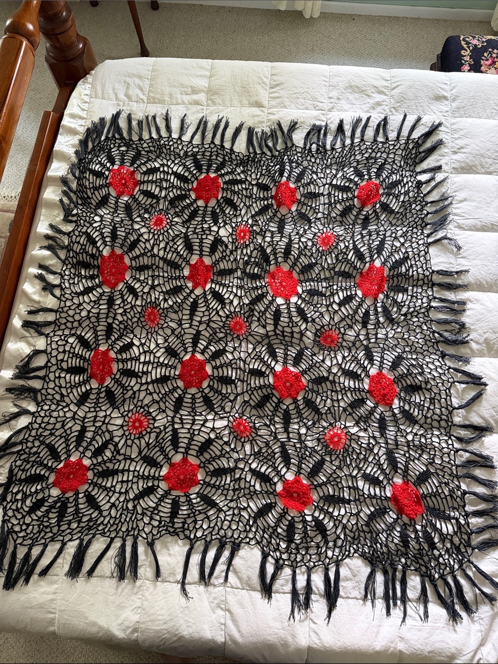 VNTG Handmade Black Crochet Throw or Shawl with Red Floral Accents/4feet Square